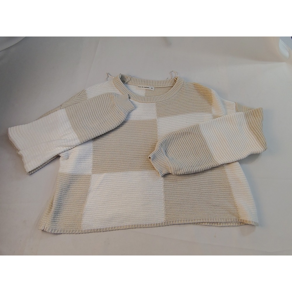 Moon & Madison Sweater Womens Med Tan Cream Checkerboard Knit‎ Cropped Pullover
